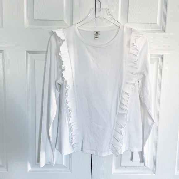 River Island White Long Sleeve T-Shirt with Accordion Pleat Ruffle - Picture 1 of 7